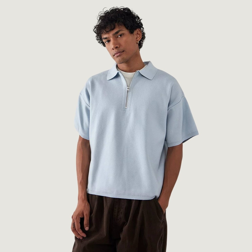 Standard Cloth Mens Light Blue Quarter Zip Knit Polo Shirt Short Sleeve Size M